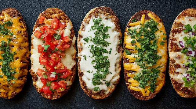 Overhead view of five gourmet molletes with diverse toppings: cheddar cheese, fresh tomato, crema, and herbs. Clean, symmetrical arrangement on a dark textured slate background.