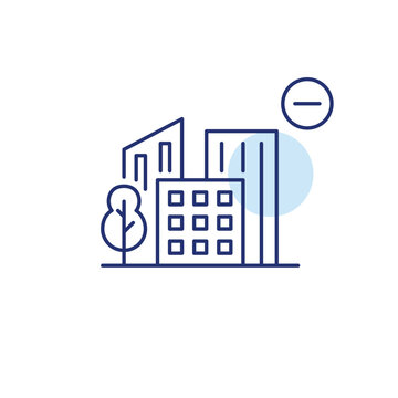 City and minus. Green tree and apartment buildings. Reduce urban load. Pixel perfect, editable stroke vector icon