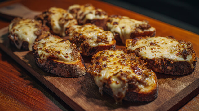 Close-up of toasted molletes topped with refried beans, savory meat, and bubbling melted cheese on a rustic wooden board. Warm, inviting lighting highlighting textures.