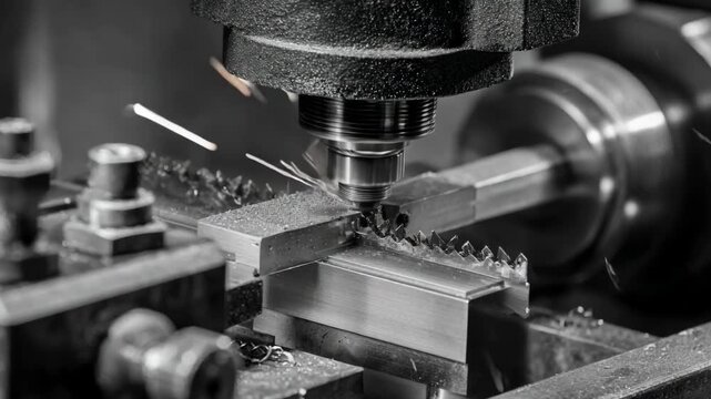 Scene capturing the detailed mechanics of a hydraulic sharpening device enhancing a saw blades teeth for cleaner cuts.