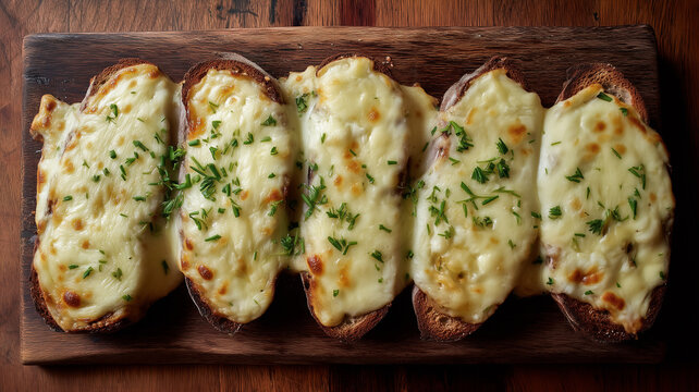 Top-down view of five toasted Mexican molletes topped with thick, bubbling melted cheese and fresh chopped chives. Served on a rustic dark wooden board with warm, textured lighting.