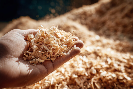 A hand cradles delicate curls of wood shavings, surrounded by a lush landscape of mulch, showcasing the artistry of woodworking in warm, inviting tones