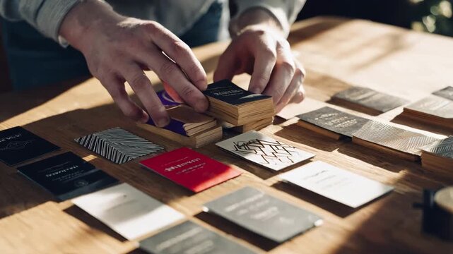 Medium shot of hands arranging assorted custom business cards showcasing matte glossy and embossed finishes on a wooden table.