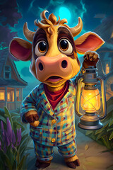 Adorable Cow in Pajamas Holding a Lantern