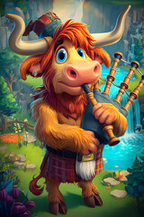 Highland Cow Playing Bagpipes in a Scenic Landscape