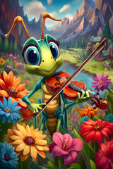 Colorful grasshopper Playing Violin in a Flower Field