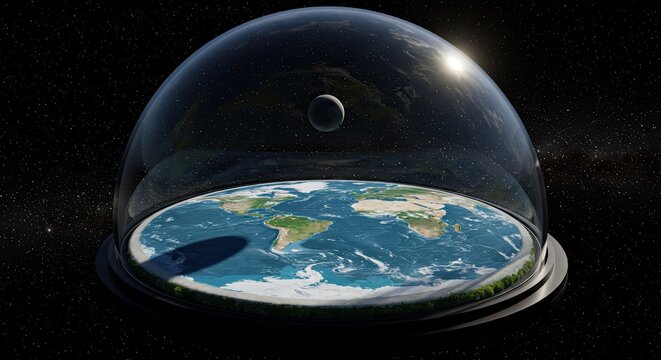 A flat disc earth surrounded by a glass dome with the moon visible in the distance