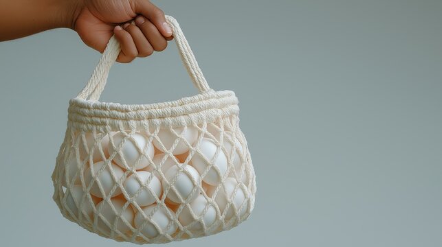 A person is holding a basket of eggs