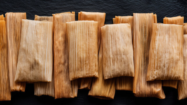 Overhead view of traditional Mexican tamales wrapped in corn husks, arranged in a neat, parallel pattern on a dark textured background. High-contrast culinary flat lay.