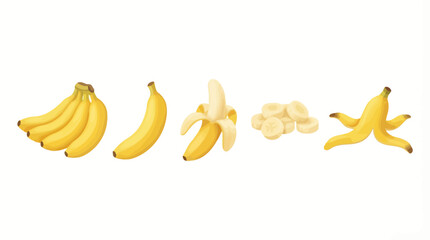 Banana Vector Set Showing Bunch, Whole, Peeled, Sliced, and Peel Variants for Educational, Culinary, and Healthy Eating Graphic Design Illustration Use