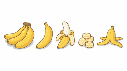 Banana Vector Set Showing Bunch, Whole, Peeled, Sliced, and Peel Variants for Educational, Culinary, and Healthy Eating Graphic Design Illustration Use