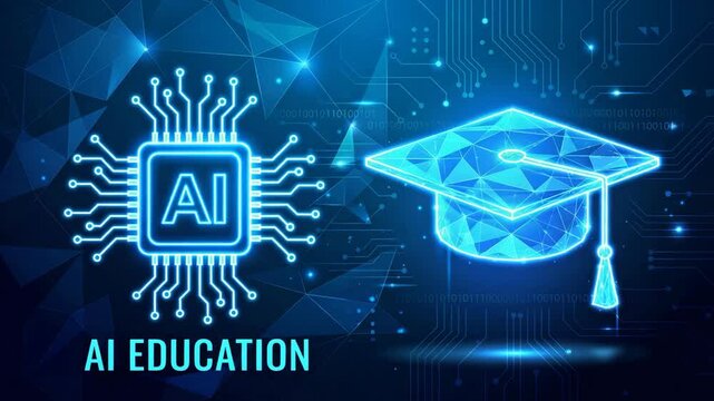 Low Poly Wireframe AI Education Concept. Artificial Intelligence Chip, Graduation Cap and Machine, Coding Learning Development. Video