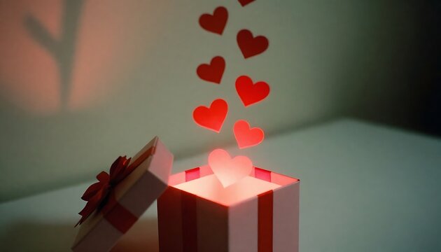 A glowing gift box revealing a shower of red hearts, symbolizing love and unexpected joy