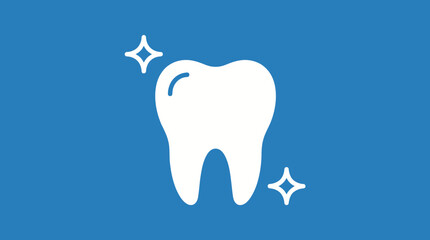 Fototapeta premium Clean Tooth Vector Icon with Sparkles on Blue Background for Dental Hygiene, Oral Health, and Minimalist Graphic Design Illustration Use