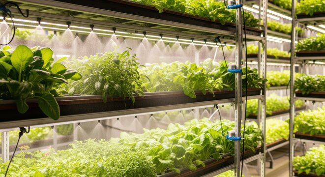 Automated watering system gently misting lush plants growing in multilevel urban farm racks