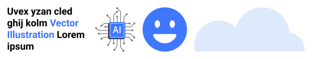 Fototapeta premium Artificial intelligence, cloud computing, technology integration, digital services, innovation, neural networks. Blue AI microchip, happy face cloud graphic. Artificial intelligence and cloud