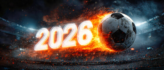 A soccer ball soars through the air with a trail of neon sparks while vibrant numbers 2026 glow in the stadium during a New Years Eve celebration