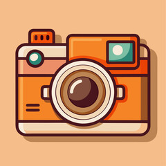 Retro-style orange and cream flat design camera illustration featuring a large lens and viewfinder.