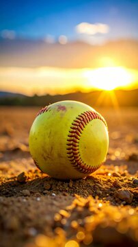 Close up of yellow softball with red stitching sitting on dirt infield under warm sunset light