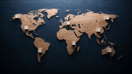 a unique wooden world map with pins marking various locations, against a dark background, representing global connectivity and travel
