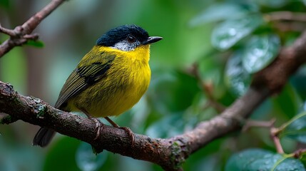 Fototapeta premium Small yellow and black bird perches on a tree branch against a lush green forest background with dappled sunlight, capturing a tranquil nature.