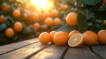 Fresh oranges on rustic wooden table, orange orchard background, warm sunrise, shallow depth of field