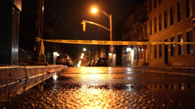 Crime Scene Police Tape on Wet Asphalt City Street at Night 3D Render