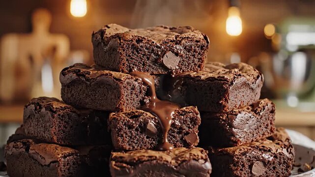 A tall stack of rich, dark chocolate brownies with melty chocolate chips and a drizzle of warm chocolate sauce