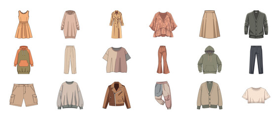 Assorted fashion collection: dresses, coats, hoodies, pants, shorts, and skirts