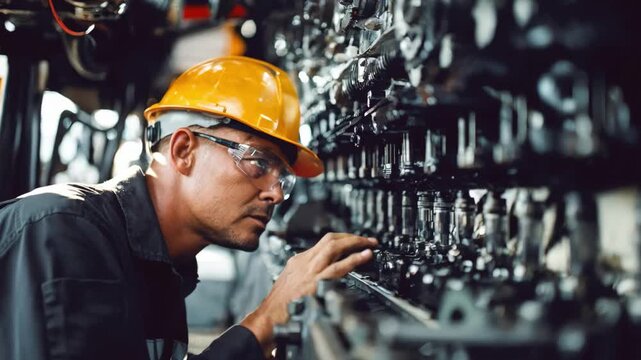 Maintenance specialist closely examining mechanical parts under bright lighting identifying early signs of wear through visual assessment to ensure equipment reliability.
