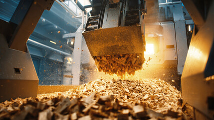 An automated bucket crane grabs wood chips and feeds them into a furnace in a biomass power plant. The interior is organized and well-lit