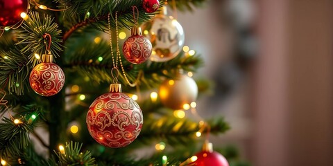 Ornate baubles and fairy lights adorning a Christmas tree, sparkling elegance,  baubles,  celebration