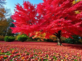 Autumn leaves carpeting the ground beneath a vibrant red maple tree,  red,  foliage