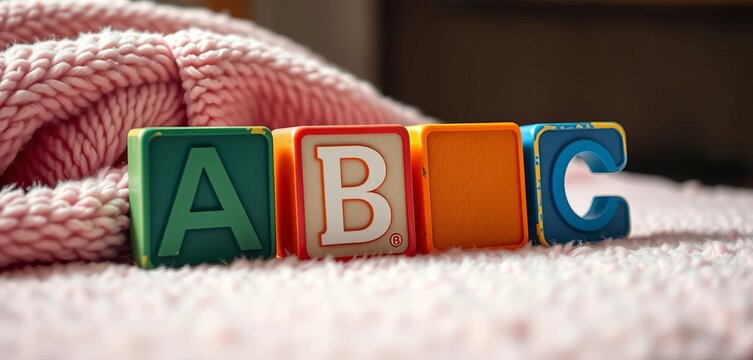 Alphabet blocks spelling "ABC" on a soft blanket,  fun,  learning