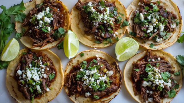 Six barbacoa tacos with shredded beef, queso fresco, cilantro, and lime wedges on white plate.