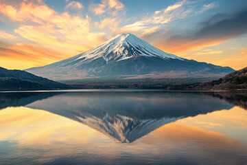 Fototapeta premium Beautiful sunrise landscape of Mount Fuji and its reflection on the lake