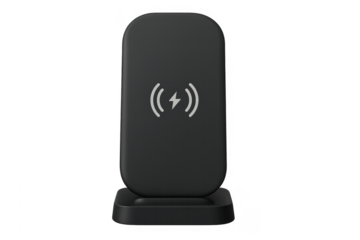 Black wireless charger stand with a lightning bolt symbol
