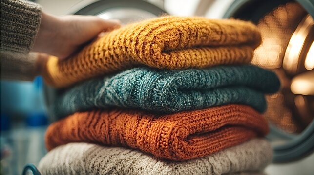 Person's hand neatly folding a fresh stack of vibrant, clean knitwear, showing the softness and comfort of freshly laundered household textiles with a washing machine in the background
