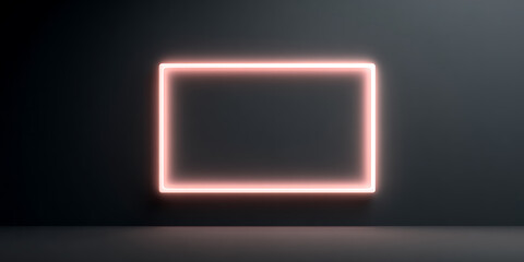 A glowing reddish-pink neon rectangular frame on a dark gray wall background.
