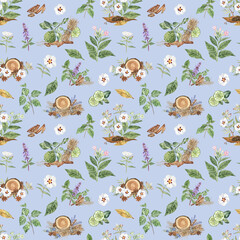 Botanical floral pattern of the fragrant plants on sky-blue background. Detailed watercolor illustration, perfect design for spring and summer - for fabric, wallpaper, scrapbooking, and more