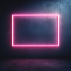 Vibrant pink neon rectangular frame glowing on a dark, moody stone background.