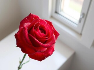 A single, dew-kissed rose unfurling petals in a pristine, minimalist setting, capturing dawn's first blush, rose,  studio