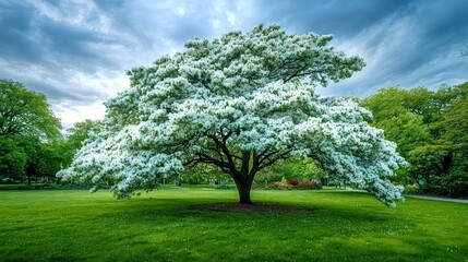 Fototapeta premium Blooming white dogwood tree standing in a vibrant green park lawn under a partly cloudy sky, symbolizing nature's beauty, tranquility, and the fresh start of spring