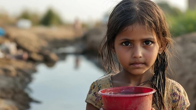 everyday life poor indian girl fetching water documentary video