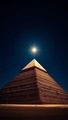 A colossal pyramid stands majestically under a clear, dark night sky, illuminated by a single, bright light source,  illuminated,  dark