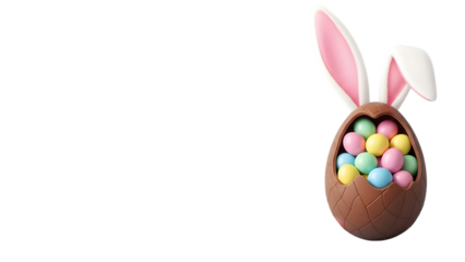 Chocolate easter egg with bunny ears and colorful candy