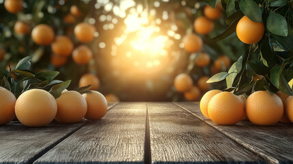 Fresh oranges on rustic wooden table, orange orchard background, warm sunrise, shallow depth of field