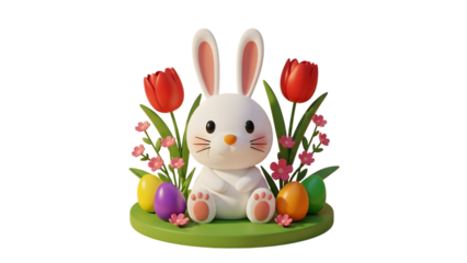 Easter bunny figurine with tulips and eggs