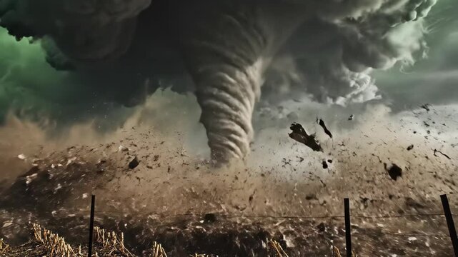 A massive CGI tornado touches down in a rural field causing destruction. The powerful storm swirls dust and debris in a destructive vortex. Severe weather and natural disaster concept animation.