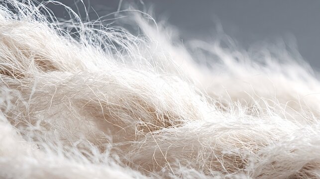 Soft beige wool fibers in close up, fluffy and warm textile surface showing detailed organic texture and cozy knit pattern ideal for craft, fashion, or sustainable design projects